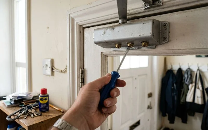 Adjustment valves on a door closer body
