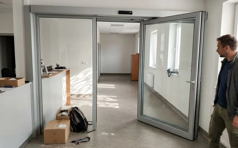 Breakout door leaf swung open manually to clear an escape path