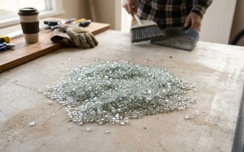Tempered glass safe-break granules close-up