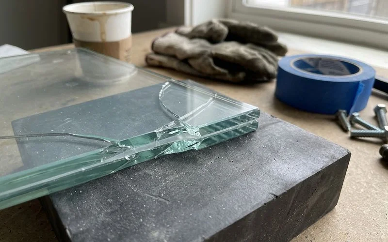 Cross-section of laminated glass with PVB interlayer