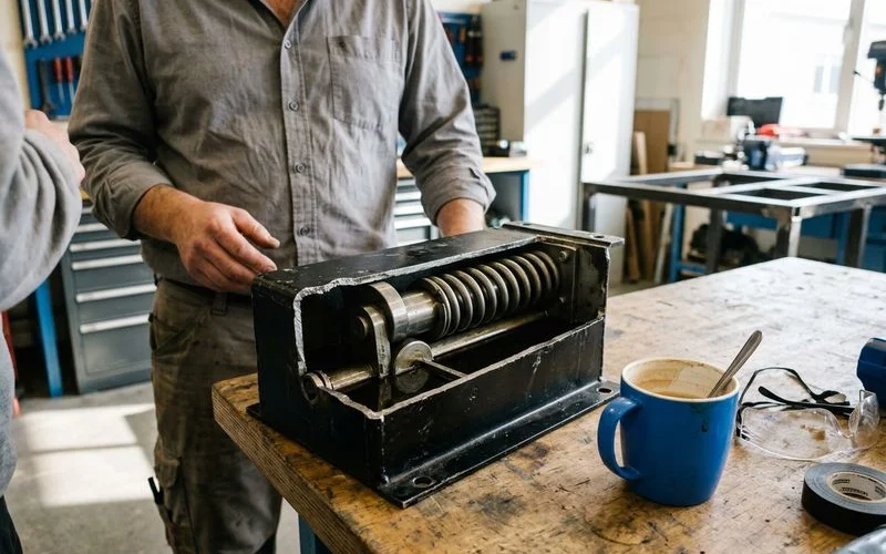 Cutaway of a hydraulic floor spring unit