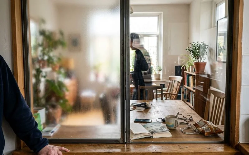 Detail of frosted glass texture vs clear glass