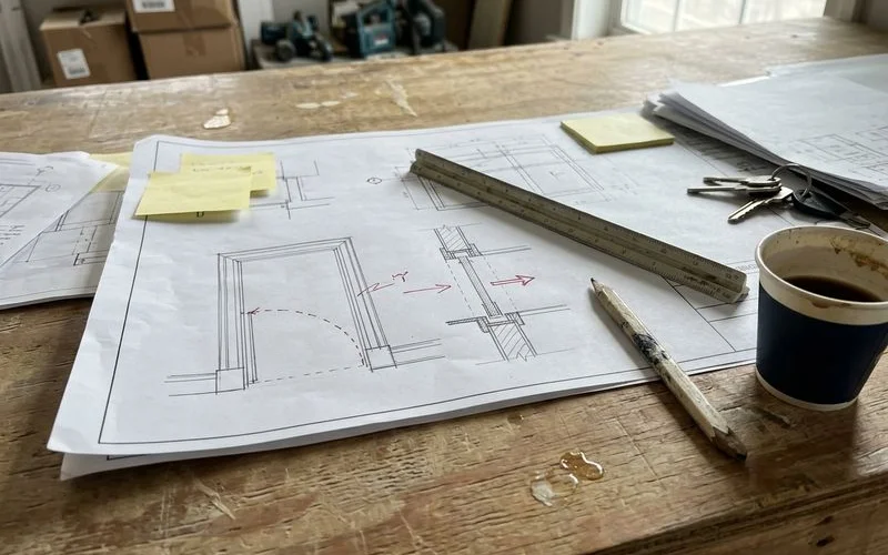 Floor-plan showing swing arc vs slide clearance