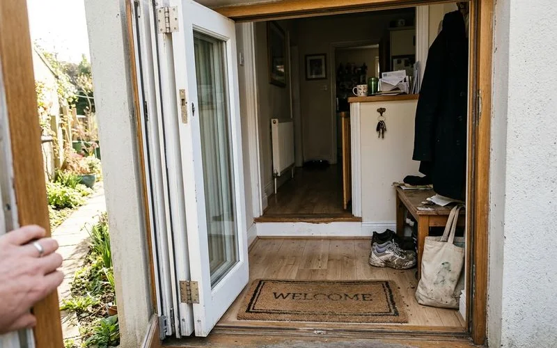 Folding door panels stacked to open a small doorway