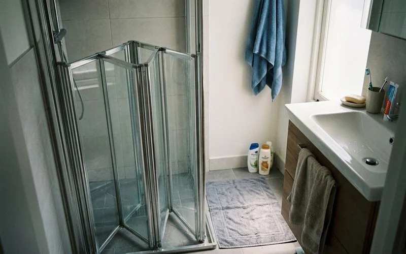 Folding glass shower panel folded to the side