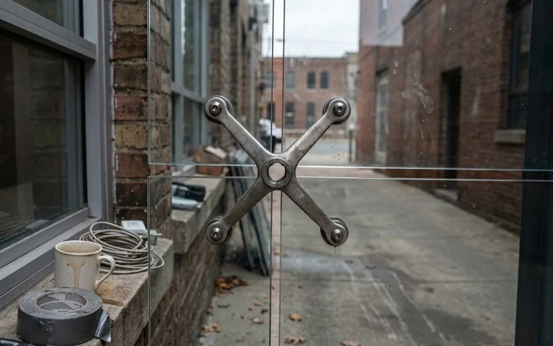 Spider fitting holding a glass facade panel