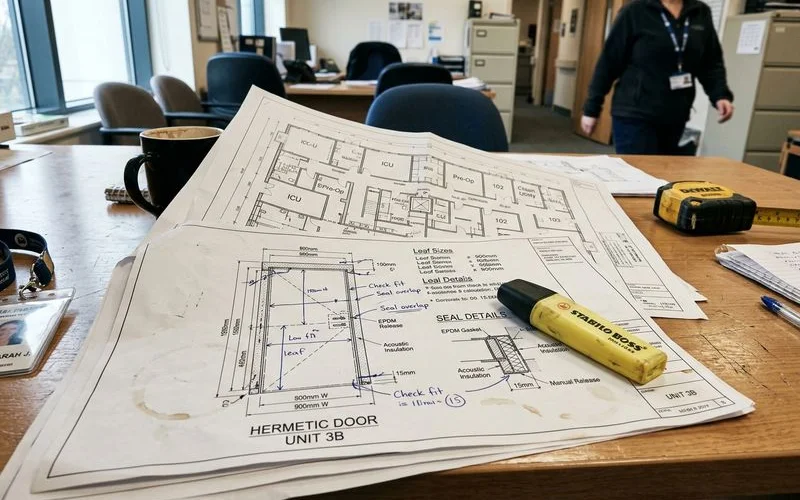 Specification drawing over a hospital plan