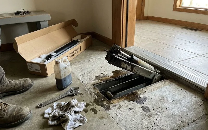 Floor Spring & Hinge Repair in progress