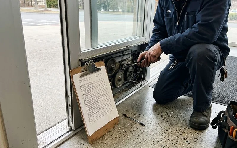 Maintenance checklist on a clipboard beside a door mechanism