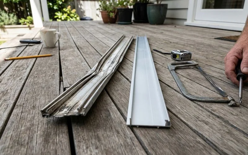 Old damaged sliding track section removed beside the new replacement aluminium track ready to install