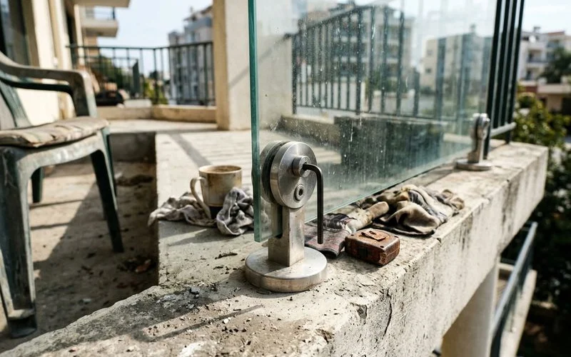 Stainless steel standoff on a glass balustrade