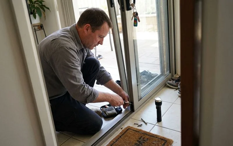 Technician adjusting roller height under a sliding door leaf with the adjustment screw exposed
