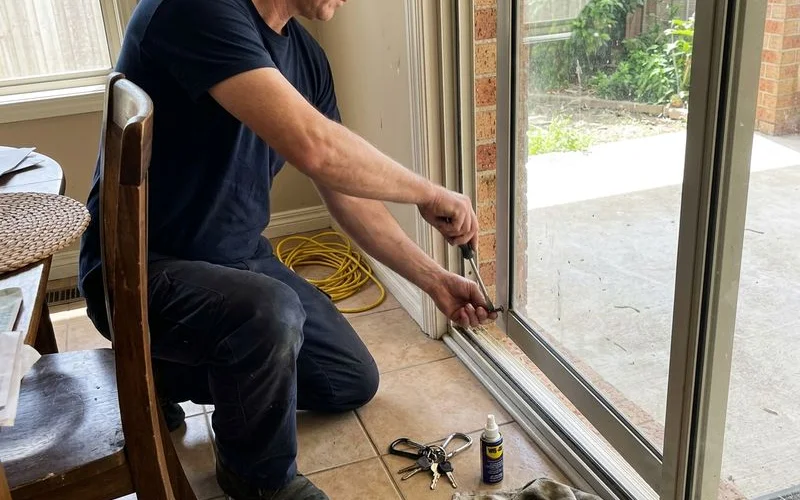 Technician adjusting roller height under a sliding door