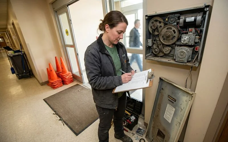 Technician assessing an ageing door mechanism