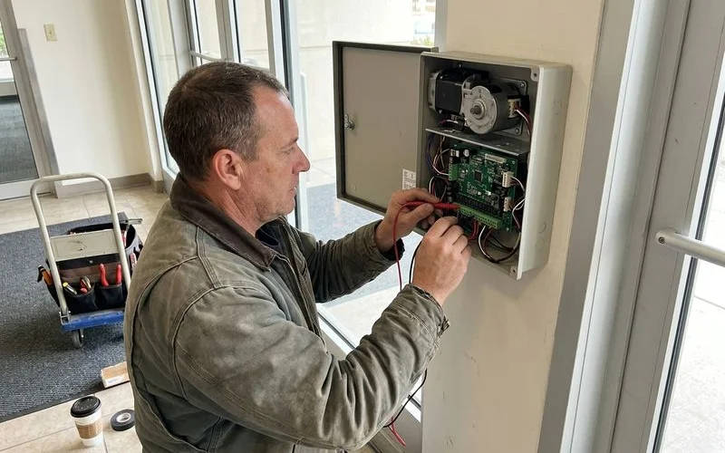 Technician checking a door sensor and controller