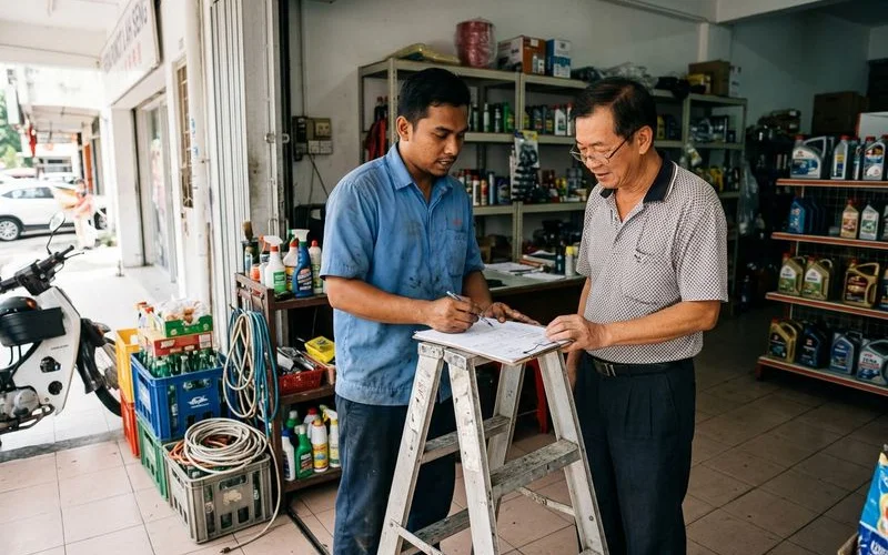 Technician explaining findings to a Malaysian shop owner