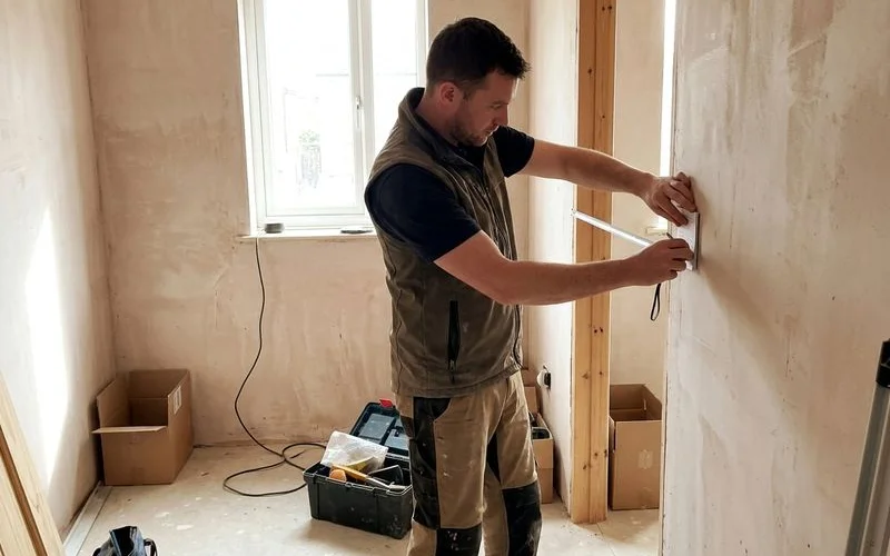 Technician measuring a door opening with a tape measure