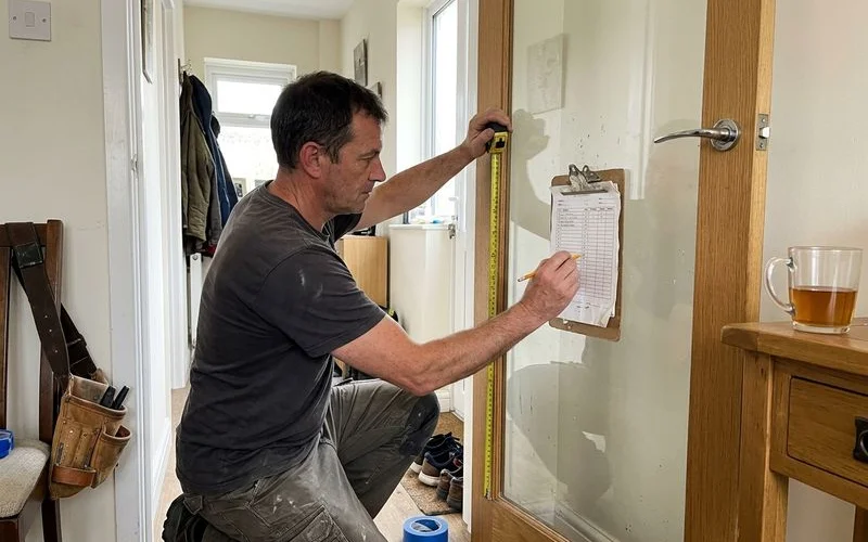 Technician measuring a glass door opening on site