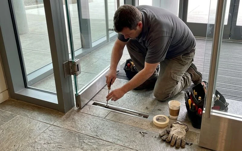 Technician tuning the closing speed valve on a newly installed floor spring under a glass door