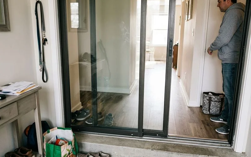 Telescopic door panels overlapping in a narrow entrance