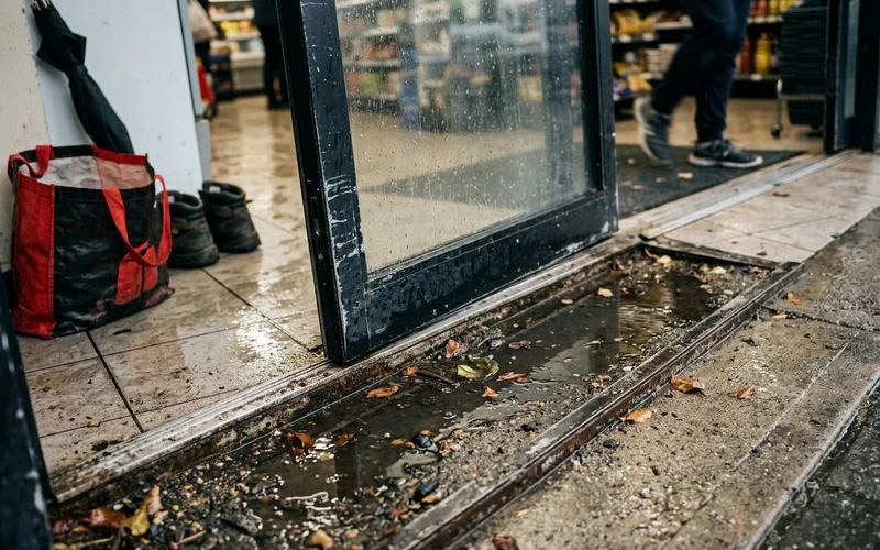 Water pooling at a worn door track during heavy rain