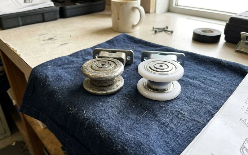Worn door roller removed for inspection