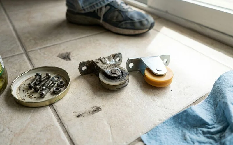 Worn vs new sliding door roller side by side