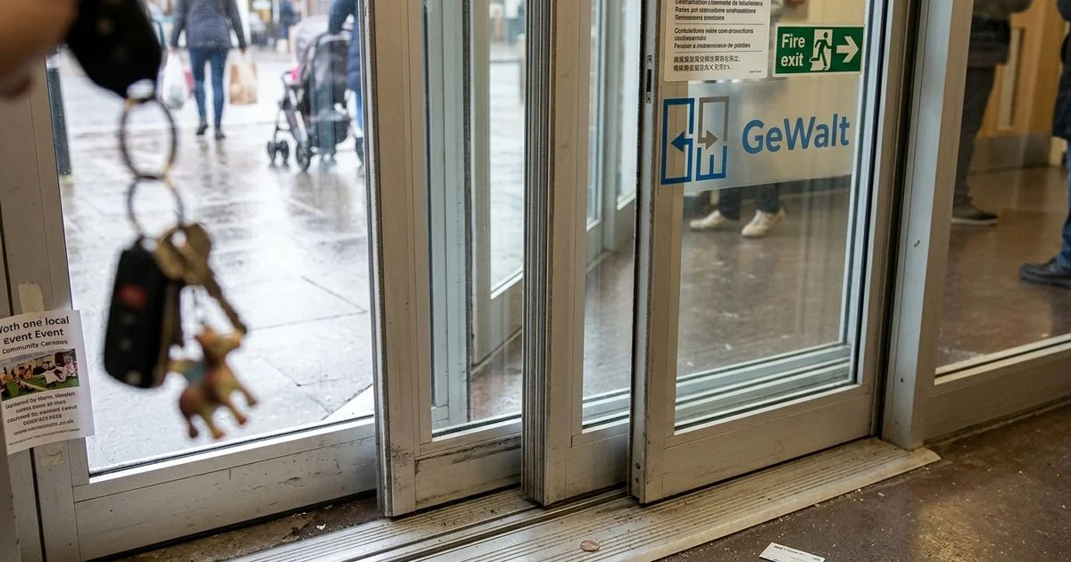 Automatic glass sliding door mid-open at a KL mall entrance