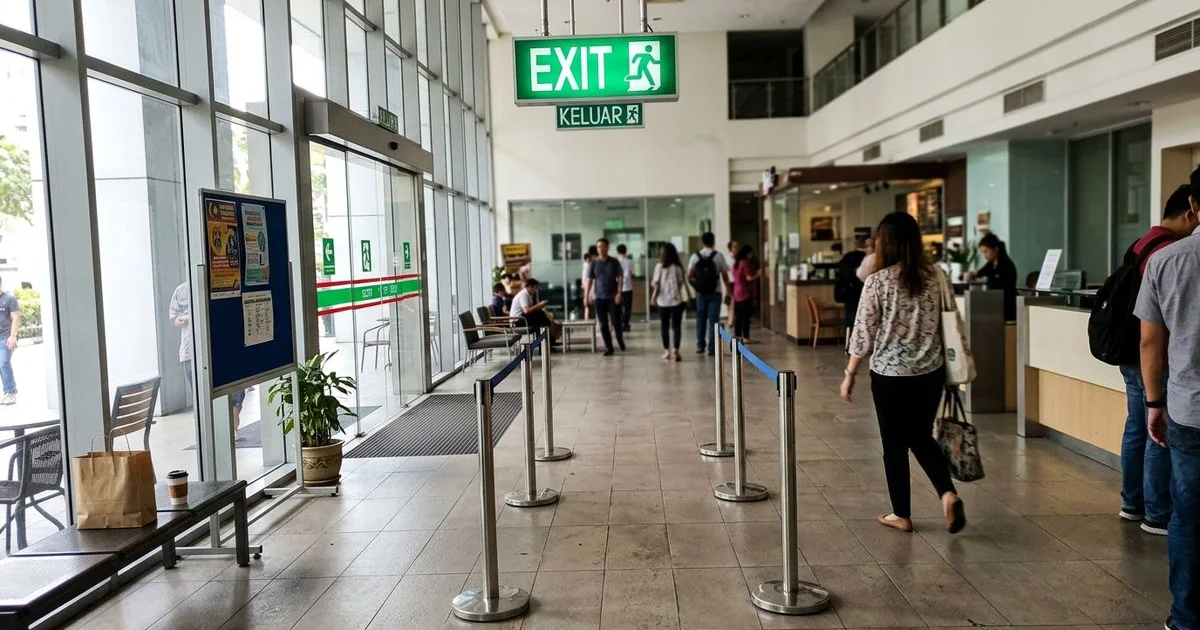 Commercial lobby with a marked automatic escape-route door