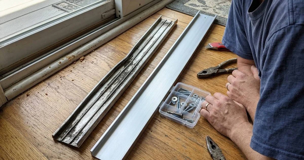 Damaged sliding door track next to a new replacement section
