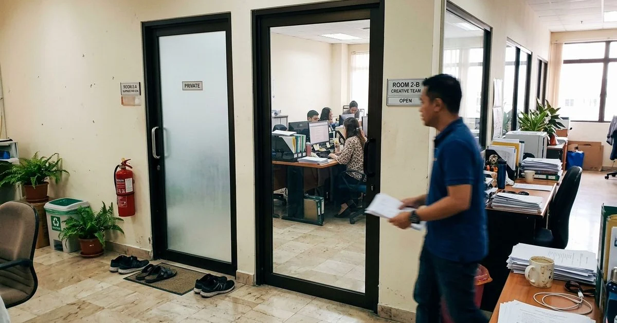 Frosted glass door next to a clear glass door in a Malaysian office