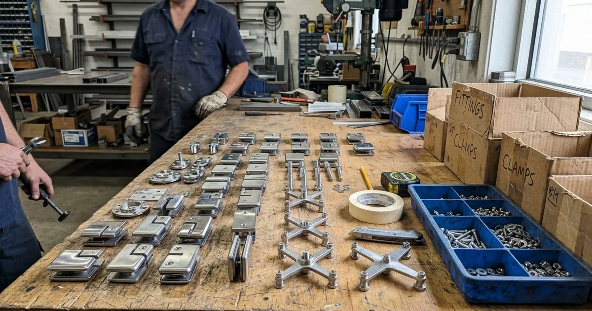 Glass clamps, patch fittings and spider fittings on a workbench