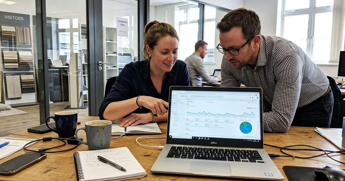 GW GeWalt team reviewing digital analytics in the showroom office