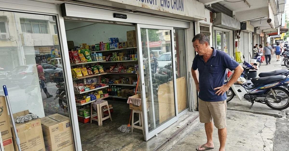 Jammed automatic sliding door half-open at a Malaysian shopfront
