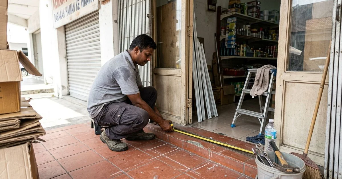 Narrow entrance with a telescopic door being measured