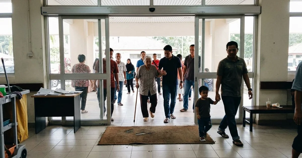 People walking safely through an automatic door in a Malaysian hospital lobby