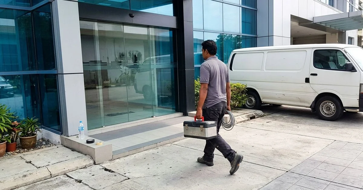 Technician arriving on site to service an automatic door