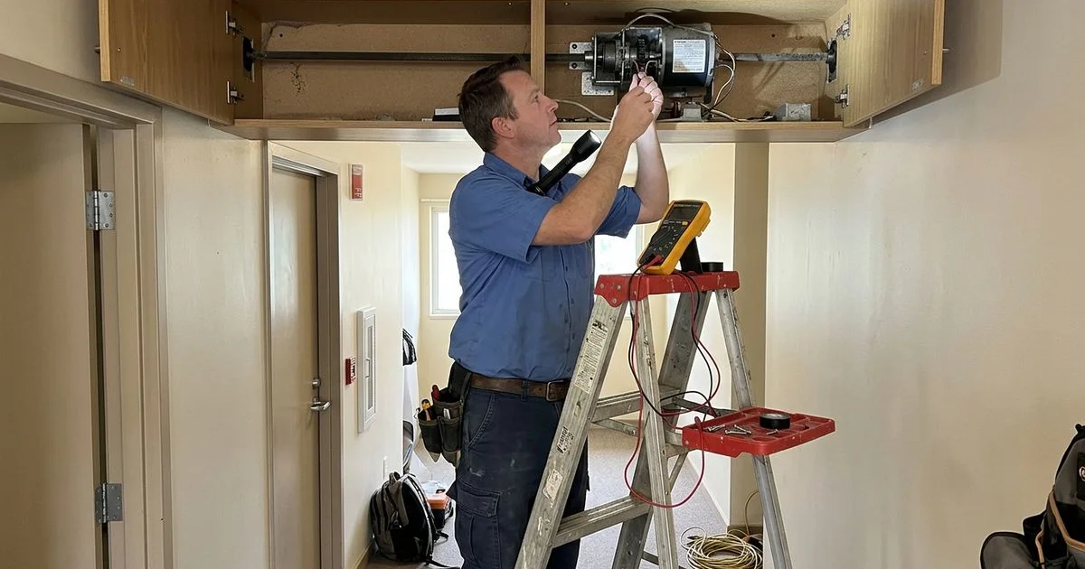 Technician inspecting an automatic door BLDC motor in a header cabinet