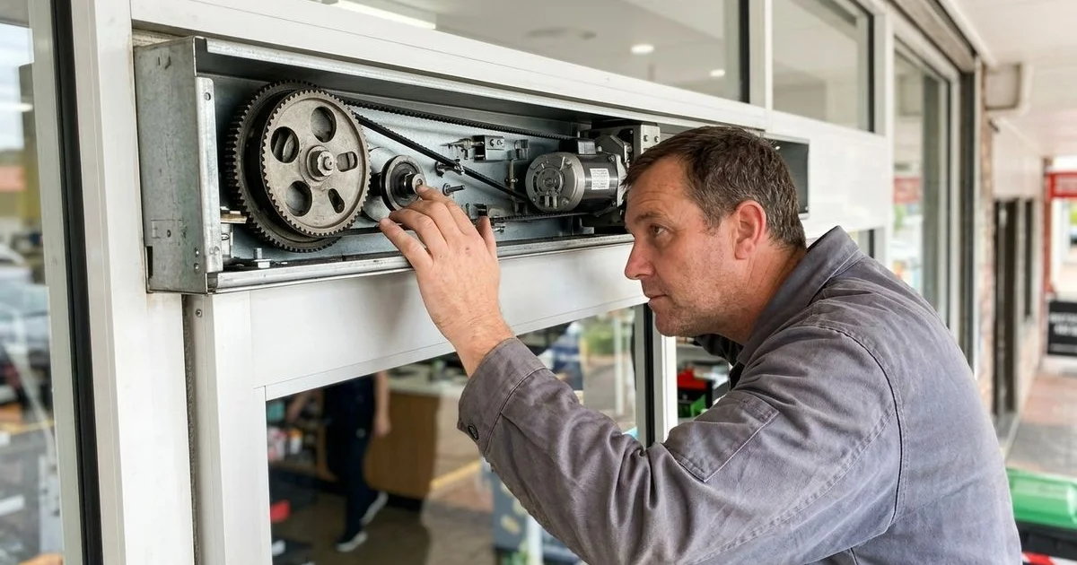 Technician listening to a noisy automatic door mechanism