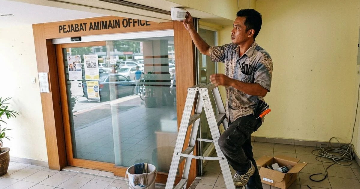 Technician realigning a motion sensor above an automatic door