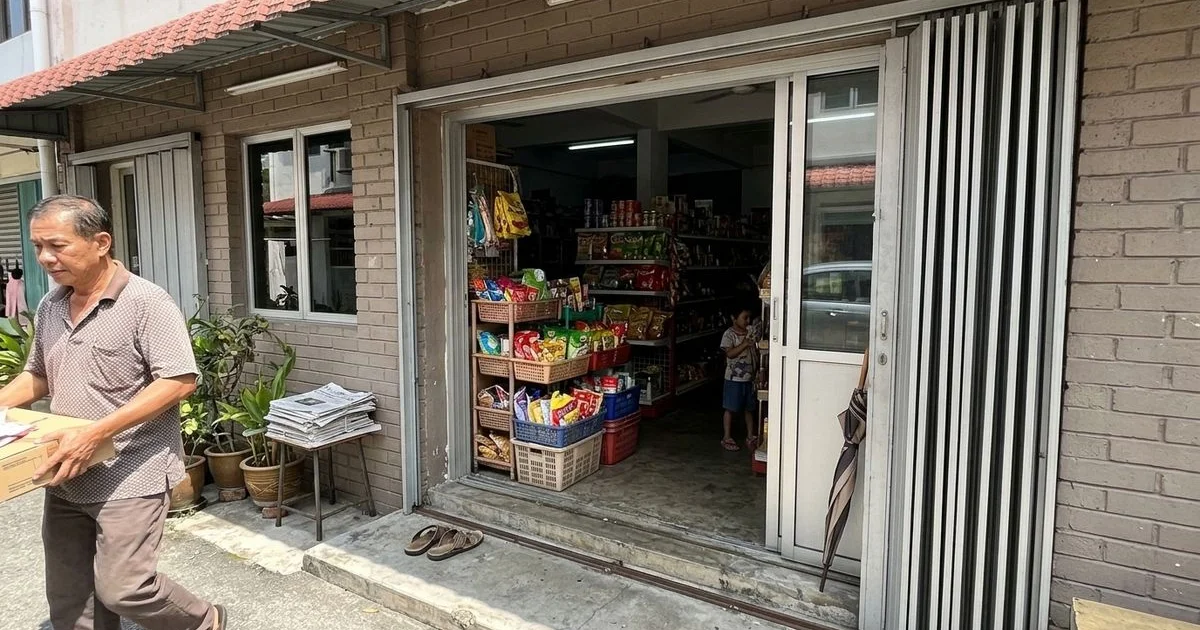 Telescopic sliding door fully open at a narrow Malaysian shopfront