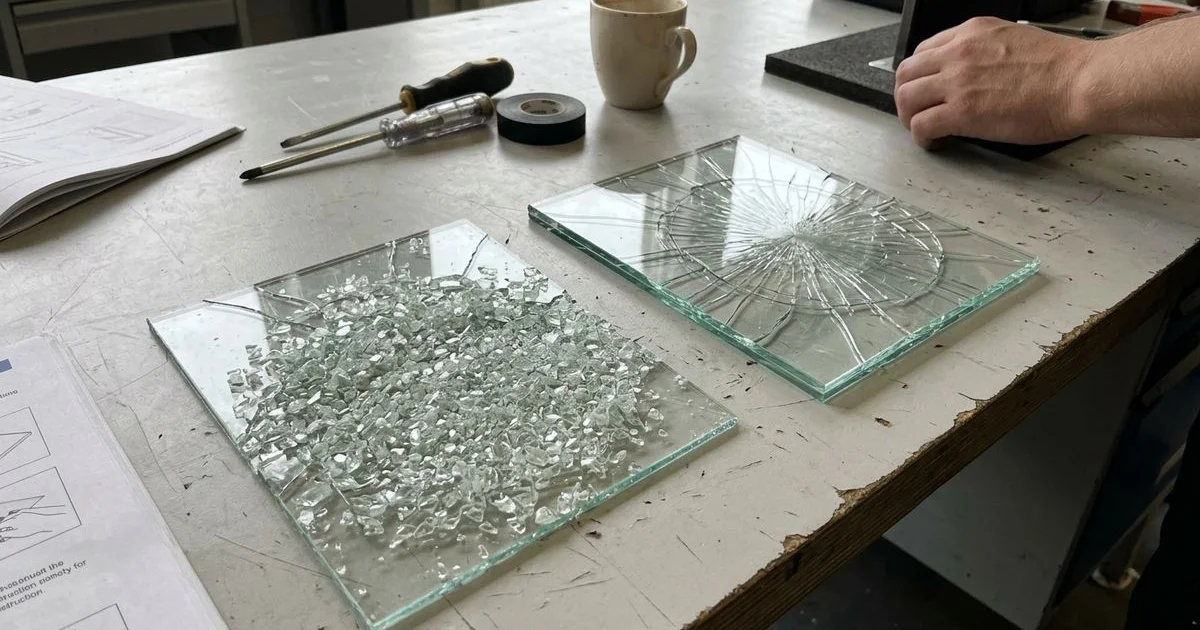 Tempered panel next to a laminated panel showing break difference