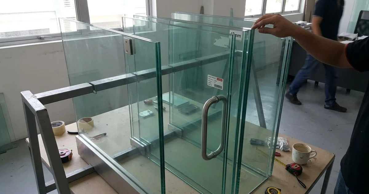 Three tempered glass door samples of different thickness side by side