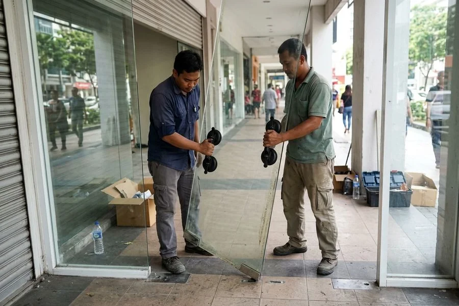 GW GeWalt technicians installing a heavy glass door onto a floor spring pivot