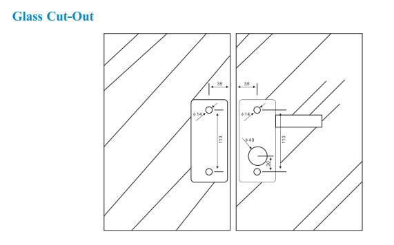 Glass cut-out dimensions for a swing glass door lock body