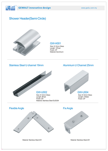 GeWalt other accessories range: U channels, angles and shower headers