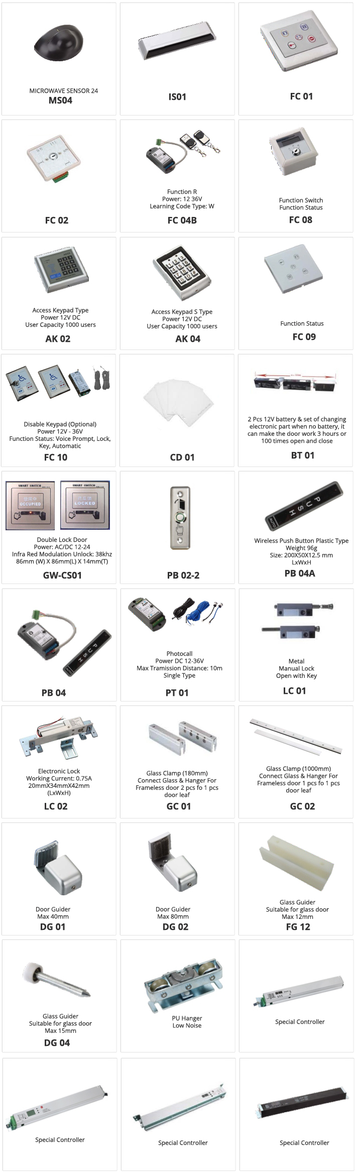 GeWalt automatic swing door accessory range: microwave sensors, function switches, access keypads, locks, battery backup, glass clamps and door guiders