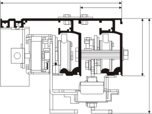 Animation of a telescopic sliding door mechanism, showing two leaves overlapping as they open at a 2 to 1 speed ratio